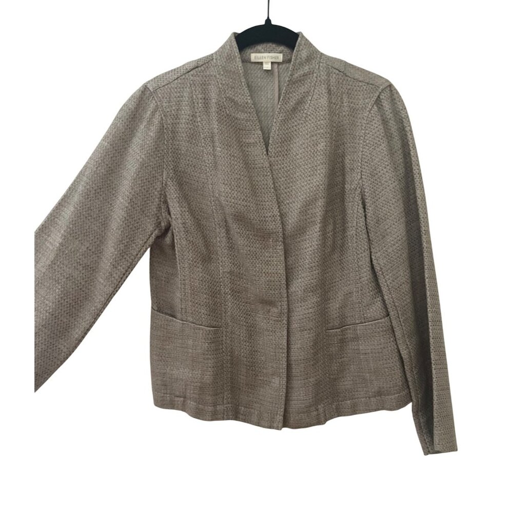 Eileen Fisher woven Tan Linen Blend Snap Front Jacket blazer size XS office